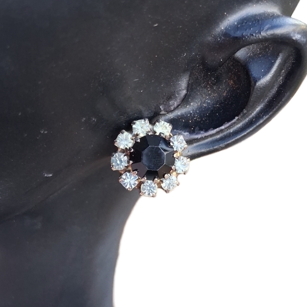 ​🖤 Vintage Black Stone & Rhinestone Halo Stud Earrings | Post Backs